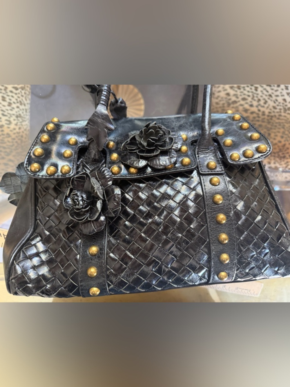 Beverly Feldman Black Leather Woven Shoulder Bag with Gold Studs